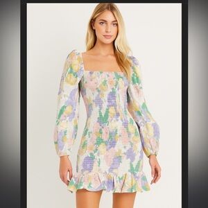 70/21 saks fifth floral nwt dress classic  long sleeve $220 formal ruched fall